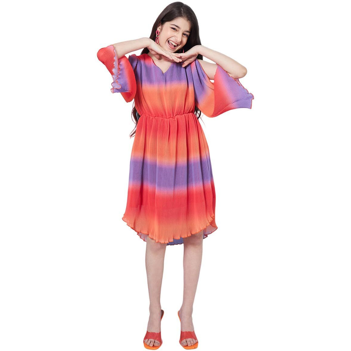 Pspeaches Girls Fit And Flare Midi V-Neck Tie And Dye Striped Flared Sleeve Fit Flare Dress Orange Colortrendy Stylish Outfit (10-11Years)