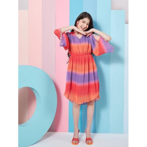 Pspeaches Girls Fit And Flare Midi V-Neck Tie And Dye Striped Flared Sleeve Fit Flare Dress Orange Colortrendy Stylish Outfit (10-11Years)