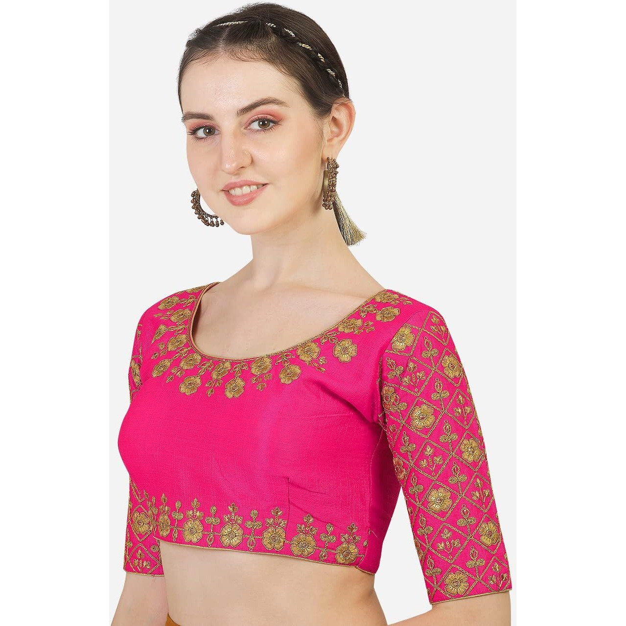 Pujia Mills Pujia Mils Women's Silk Floral Half Sleeves Blouse (Rani Madhubala Blouse36_Pink_36)