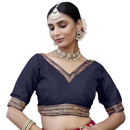 Pujia Mills Women's Milan Silk Fabric,Half Sleeves Embroidery,Readymade Choli Blouse Navyblue Color 38 Size