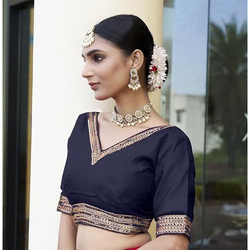Pujia Mills Women's Milan Silk Fabric,Half Sleeves Embroidery,Readymade Choli Blouse Navyblue Color 38 Size
