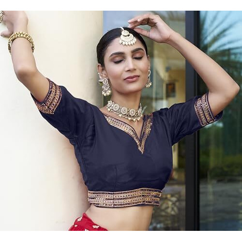 Pujia Mills Women's Milan Silk Fabric,Half Sleeves Embroidery,Readymade Choli Blouse Navyblue Color 38 Size