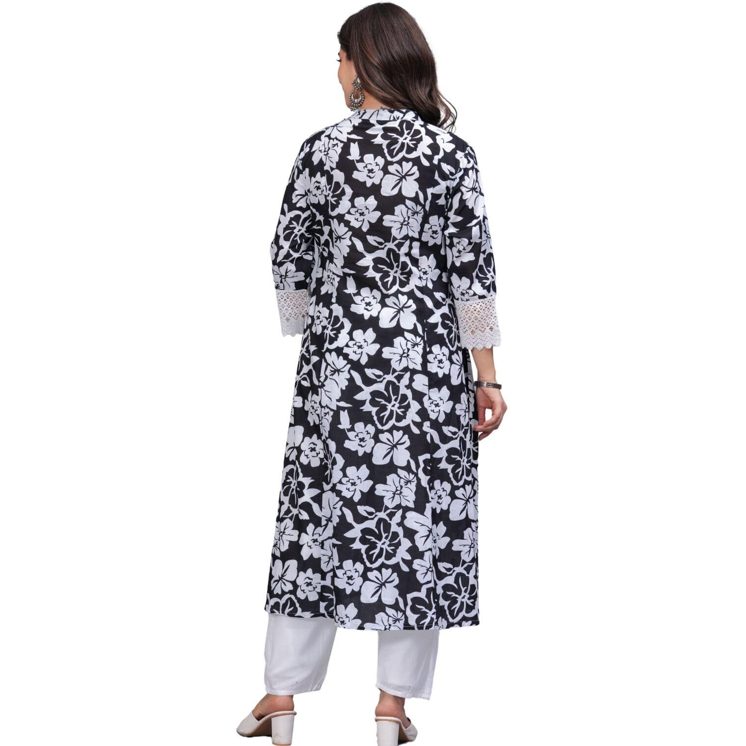 Rytras Women's Pure Cotton Printed A-Line Kurta Set With Palazzo Pants - Ethnic Wear, Black(Ryt619-New,M)