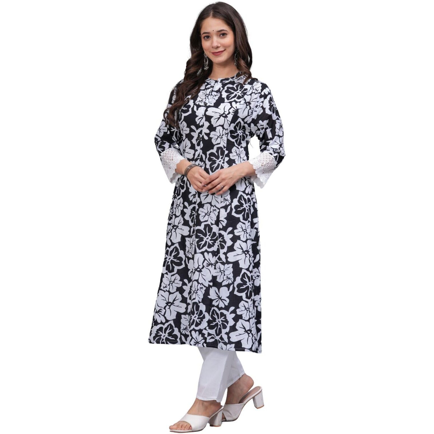 Rytras Women's Pure Cotton Printed A-Line Kurta Set With Palazzo Pants - Ethnic Wear, Black(Ryt619-New,M)