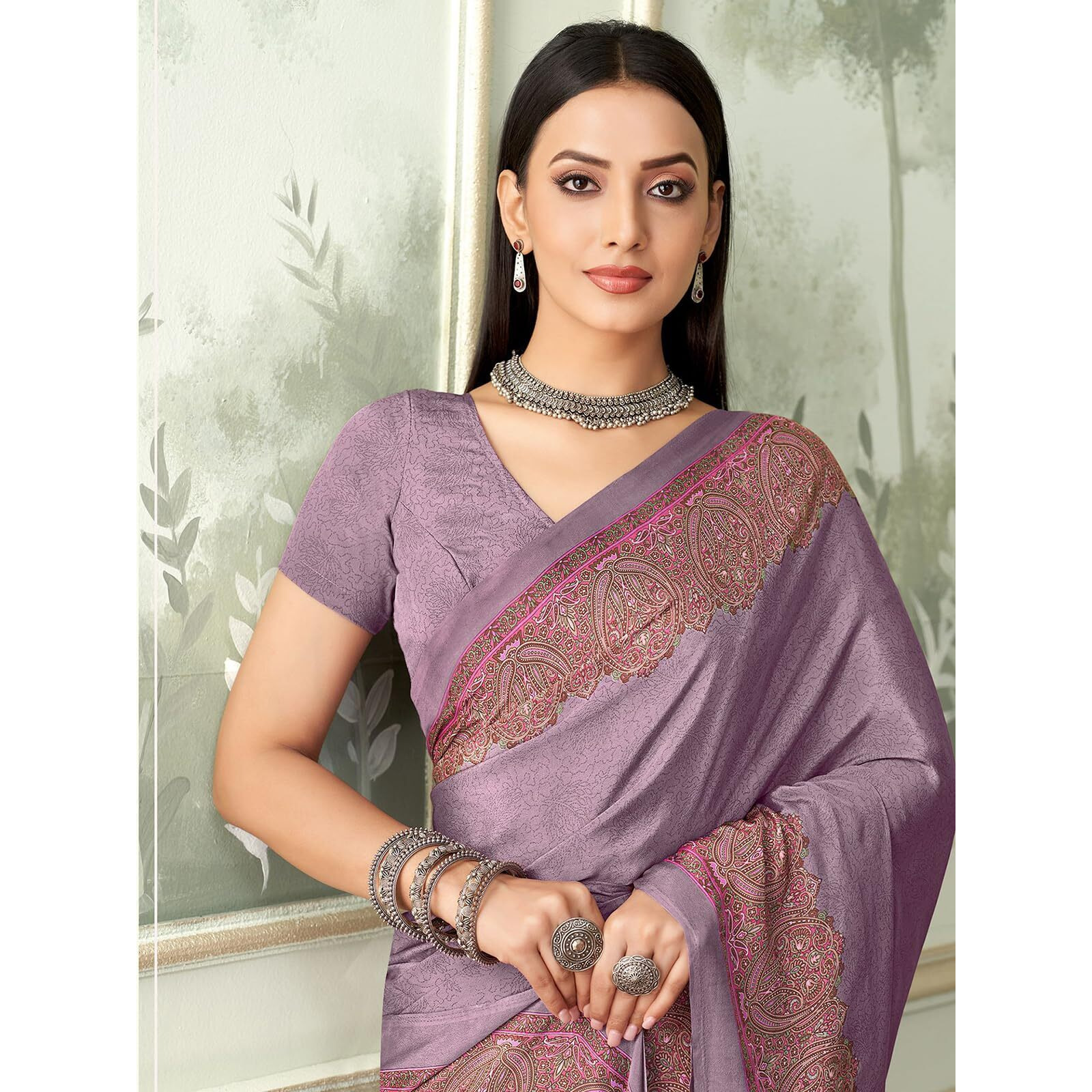 Satrani Women's Silk Crepe Printed Saree With Unstitched Blouse Piece (4079S3284N_Mauve)