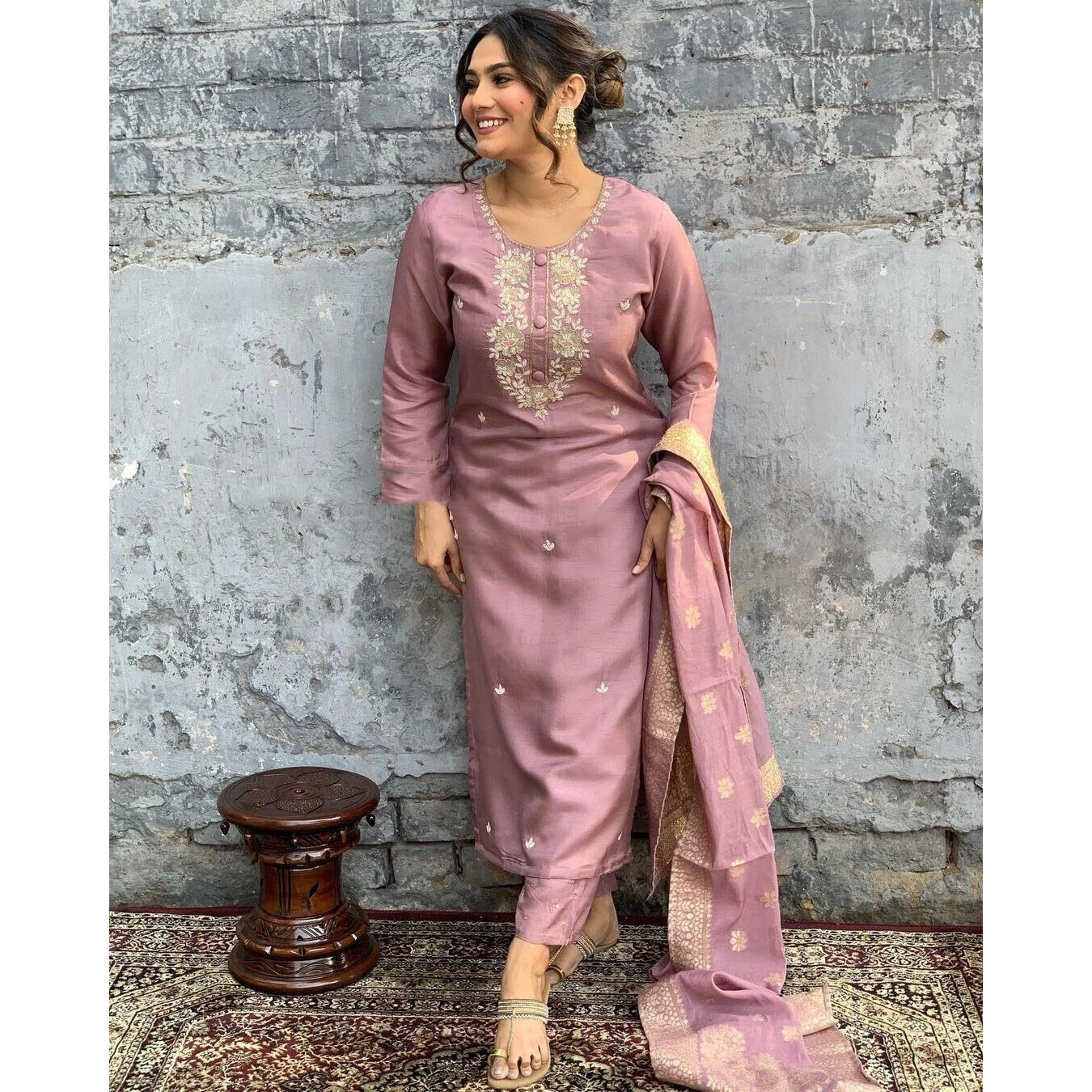 Shiv Textiles Women's Chanderi Silk Embroidered Kurta Pant Dupatta Set(Jda-Vanni-Onion-S)