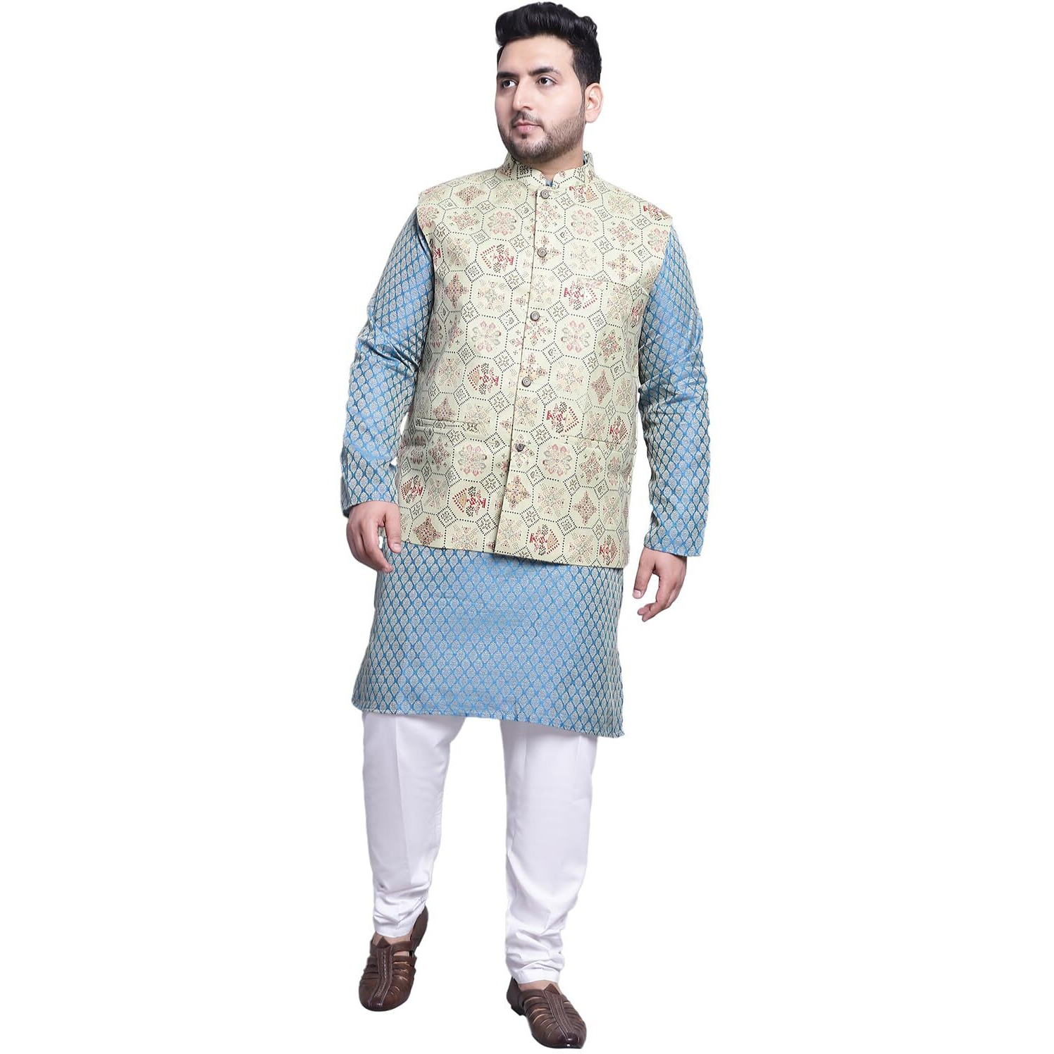 Sojanya (Since 1958 Men's Silk Blend Pblue Kurta & Pgreen Printed Nehrujacket With White Pyjama