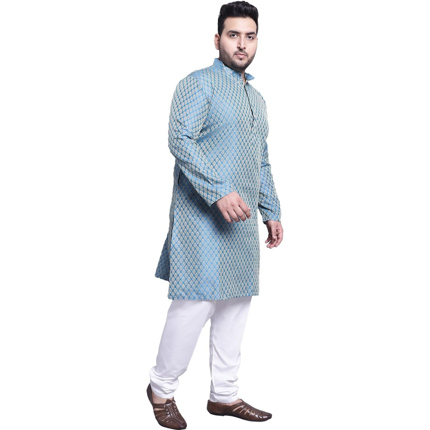 Sojanya (Since 1958 Men's Silk Blend Pblue Kurta & Pgreen Printed Nehrujacket With White Pyjama