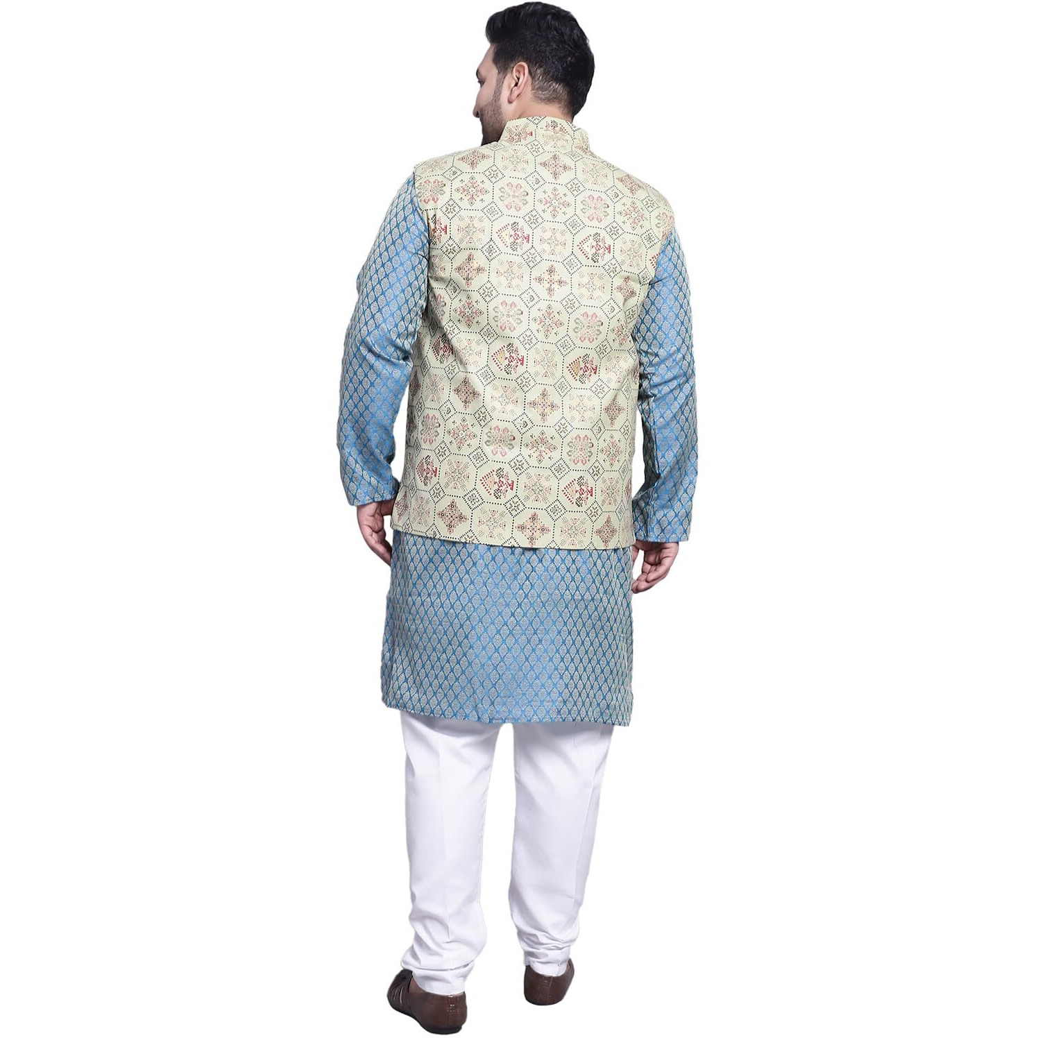 Sojanya (Since 1958 Men's Silk Blend Pblue Kurta & Pgreen Printed Nehrujacket With White Pyjama