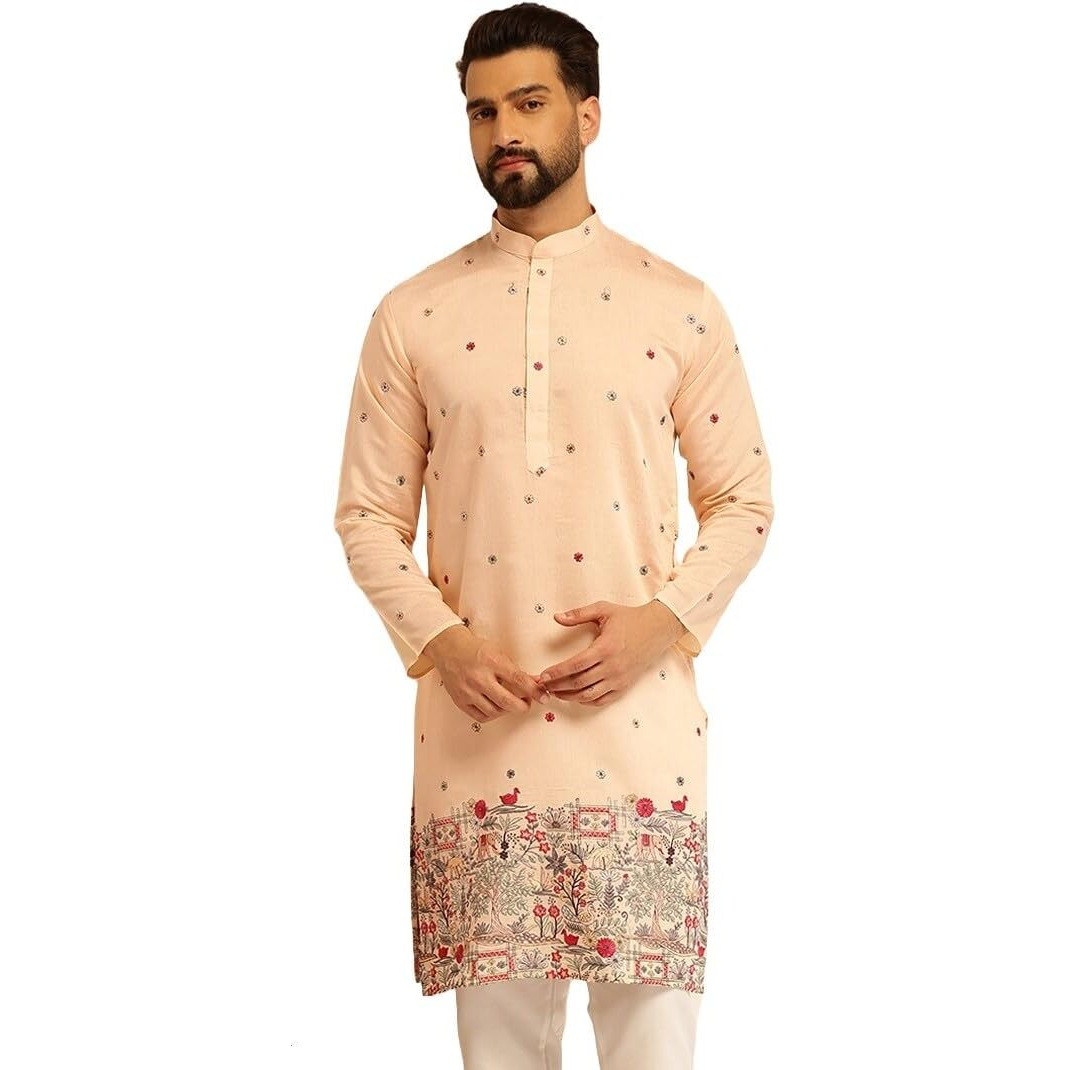 Sojanya (Since 1958 Men's Cotton Silk Daman Embroidered Peach Long Kurta