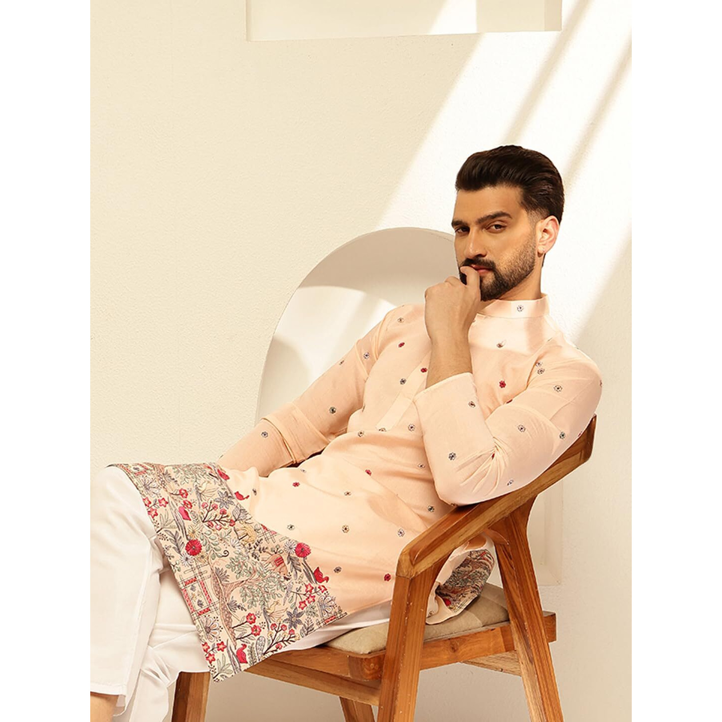 Sojanya (Since 1958 Men's Cotton Silk Daman Embroidered Peach Long Kurta