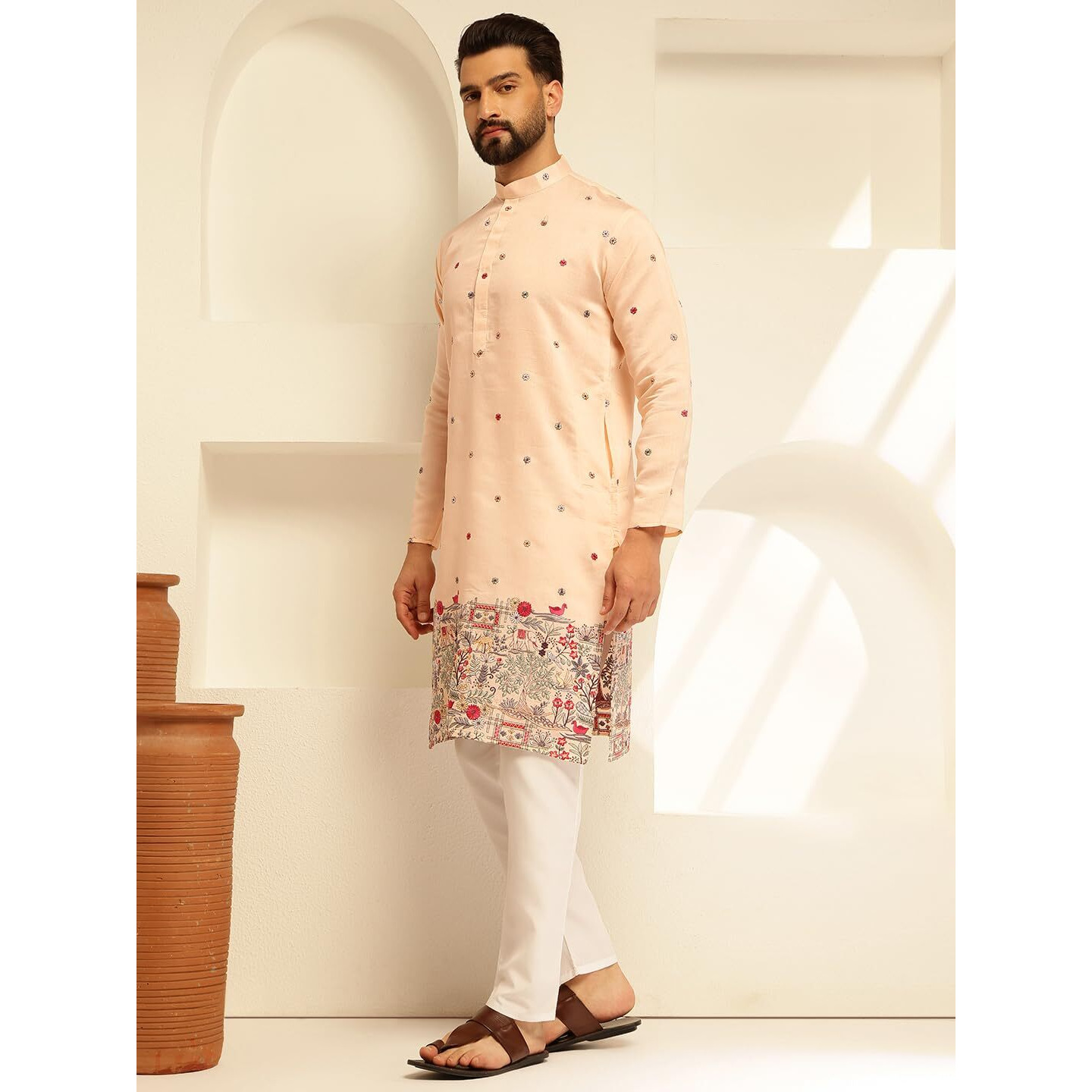 Sojanya (Since 1958 Men's Cotton Silk Daman Embroidered Peach Long Kurta