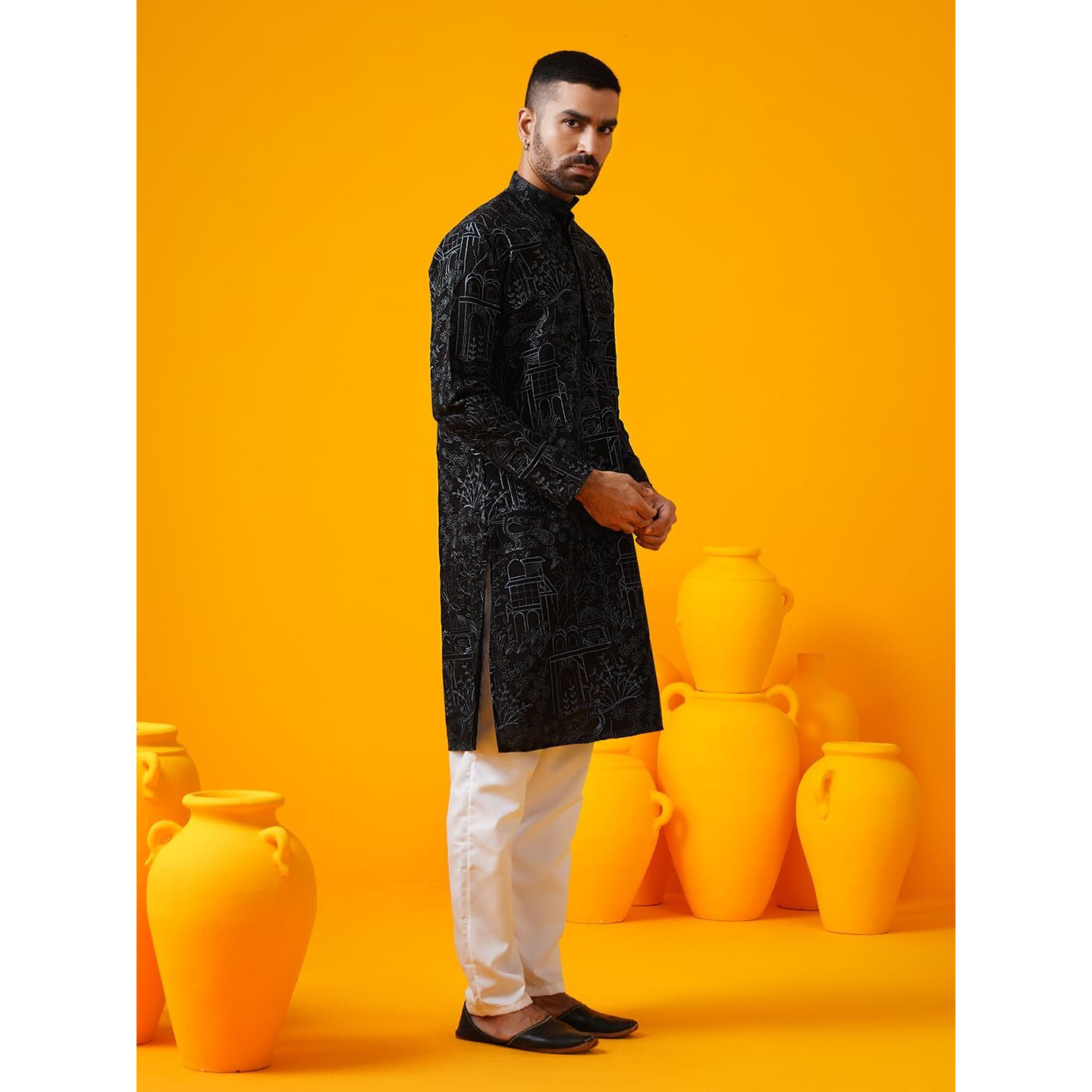 Sojanya (Since 1958 Men's Cotton Silk Kantha Thread Embroidered Black Long Kurta