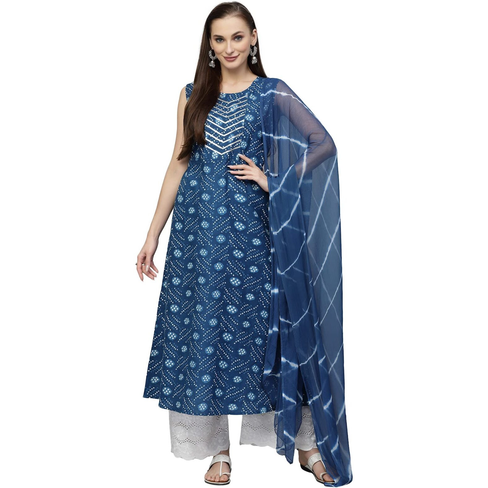 Stylum Women's Bandhej Printed Cotton Flared Kurta Dupatta Set (Navy Blue) (X-Small)