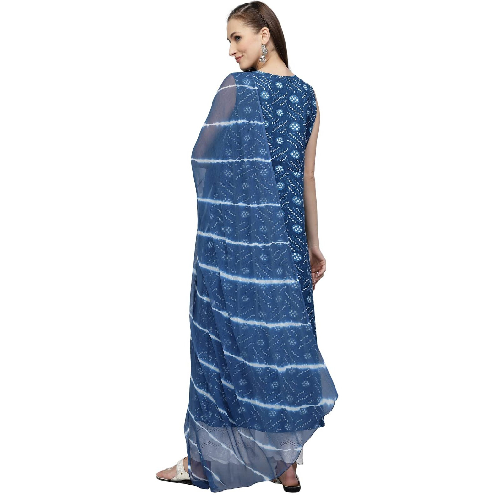 Stylum Women's Bandhej Printed Cotton Flared Kurta Dupatta Set (Navy Blue) (X-Small)