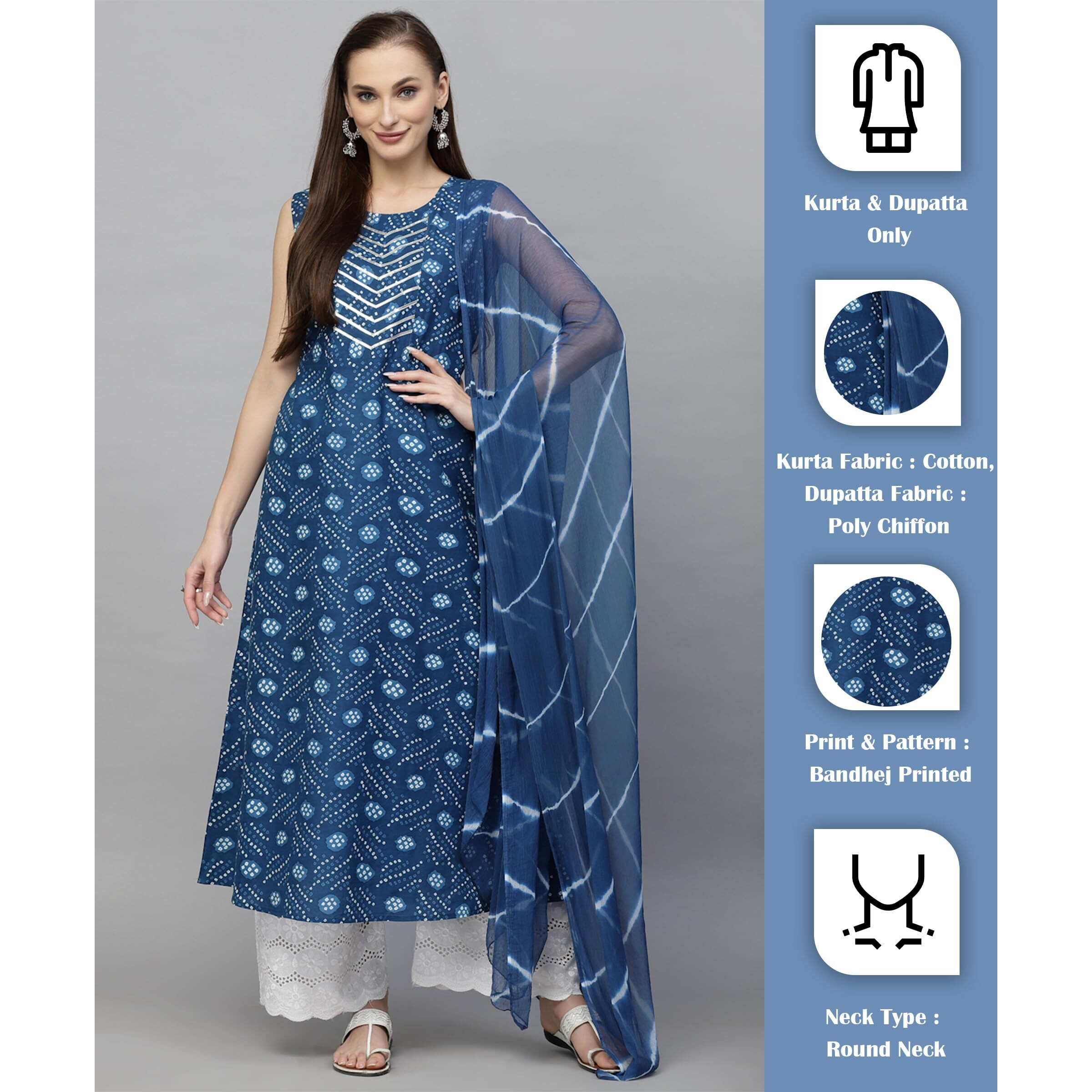 Stylum Women's Bandhej Printed Cotton Flared Kurta Dupatta Set (Navy Blue) (X-Small)