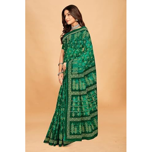Tamaira Fashion Women's Jaipuri Hand Block Printed Pure Cotton Mulmul Saree Without Blouse Piece(11615_Seagreen)