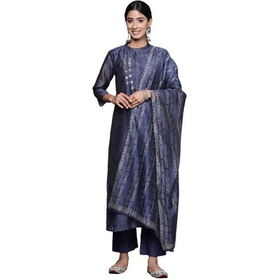 Varanga Women Navy Blue Bandhani Printed Straight Kurta With Three Quarter Sleeves Paired With Tonal Bottom And Printed Dupatta