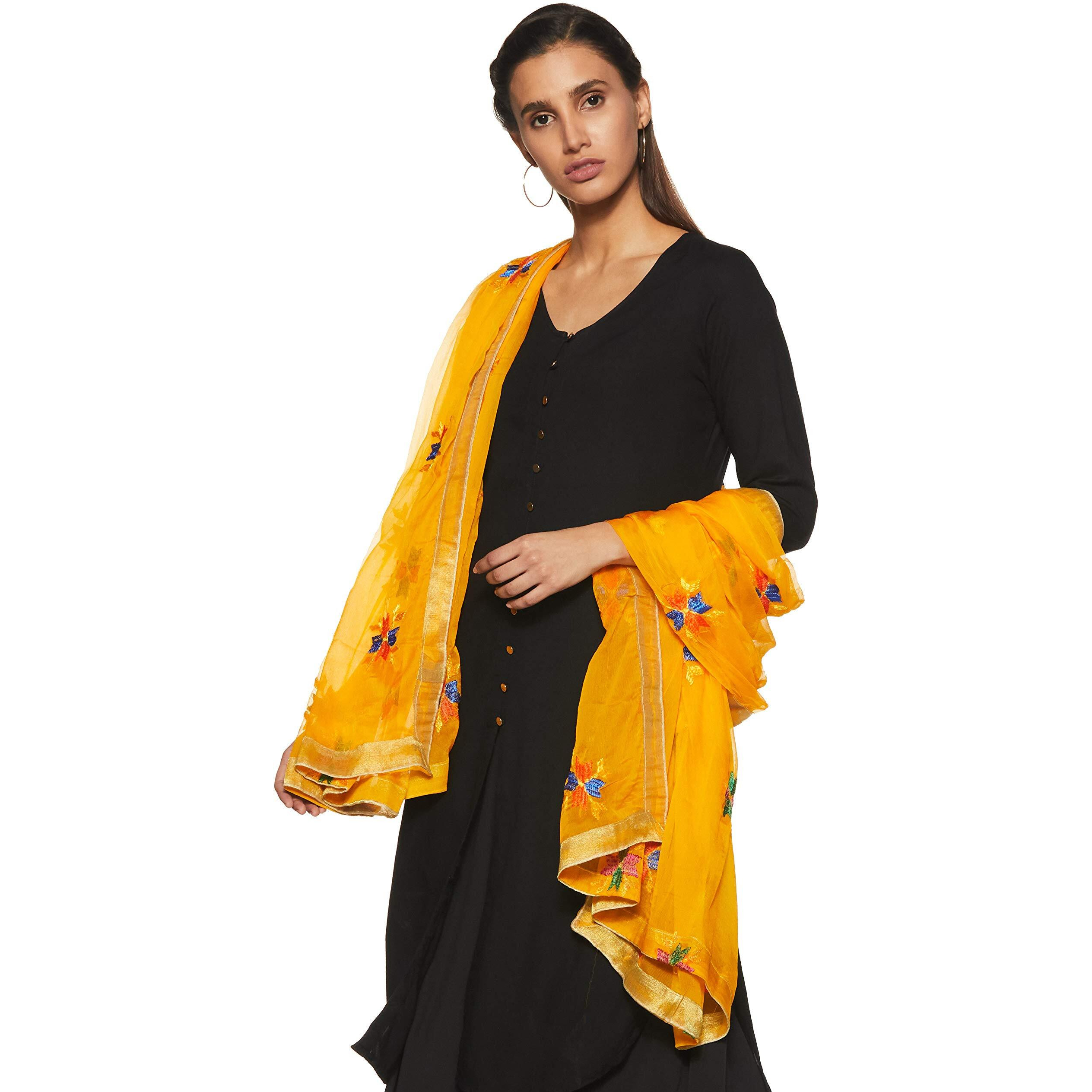 Weavers Villa Punjabi Hand Embroidery Phulkari Buty Work Dupatta (Yellow), 2.25 Mtrs