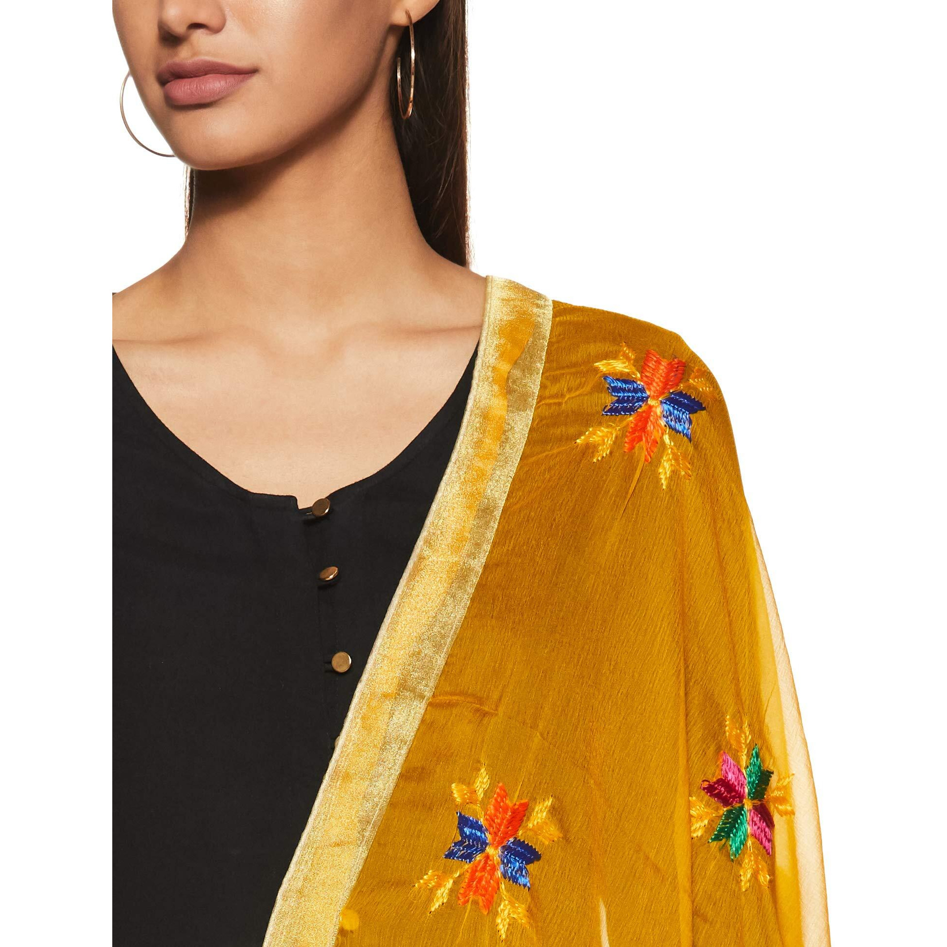 Weavers Villa Punjabi Hand Embroidery Phulkari Buty Work Dupatta (Yellow), 2.25 Mtrs