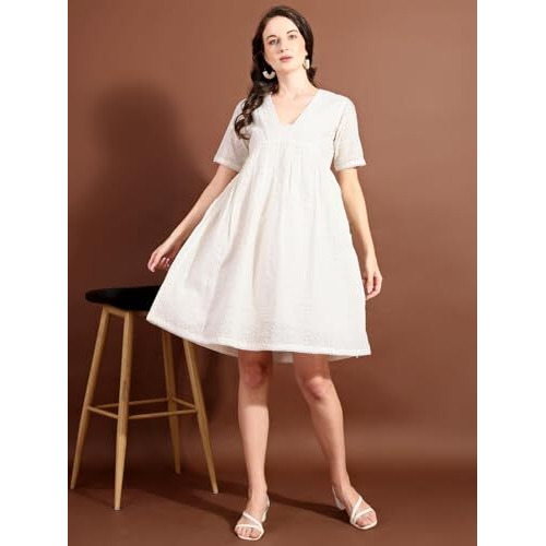 Womanista Women's Off White Cotton Schiflli With Crocio V-Neck Lace A-Line Ethnic Dress Knee Length (Ethnicdress_117 Xl)
