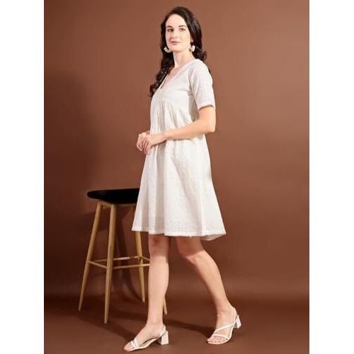 Womanista Women's Off White Cotton Schiflli With Crocio V-Neck Lace A-Line Ethnic Dress Knee Length (Ethnicdress_117 Xl)