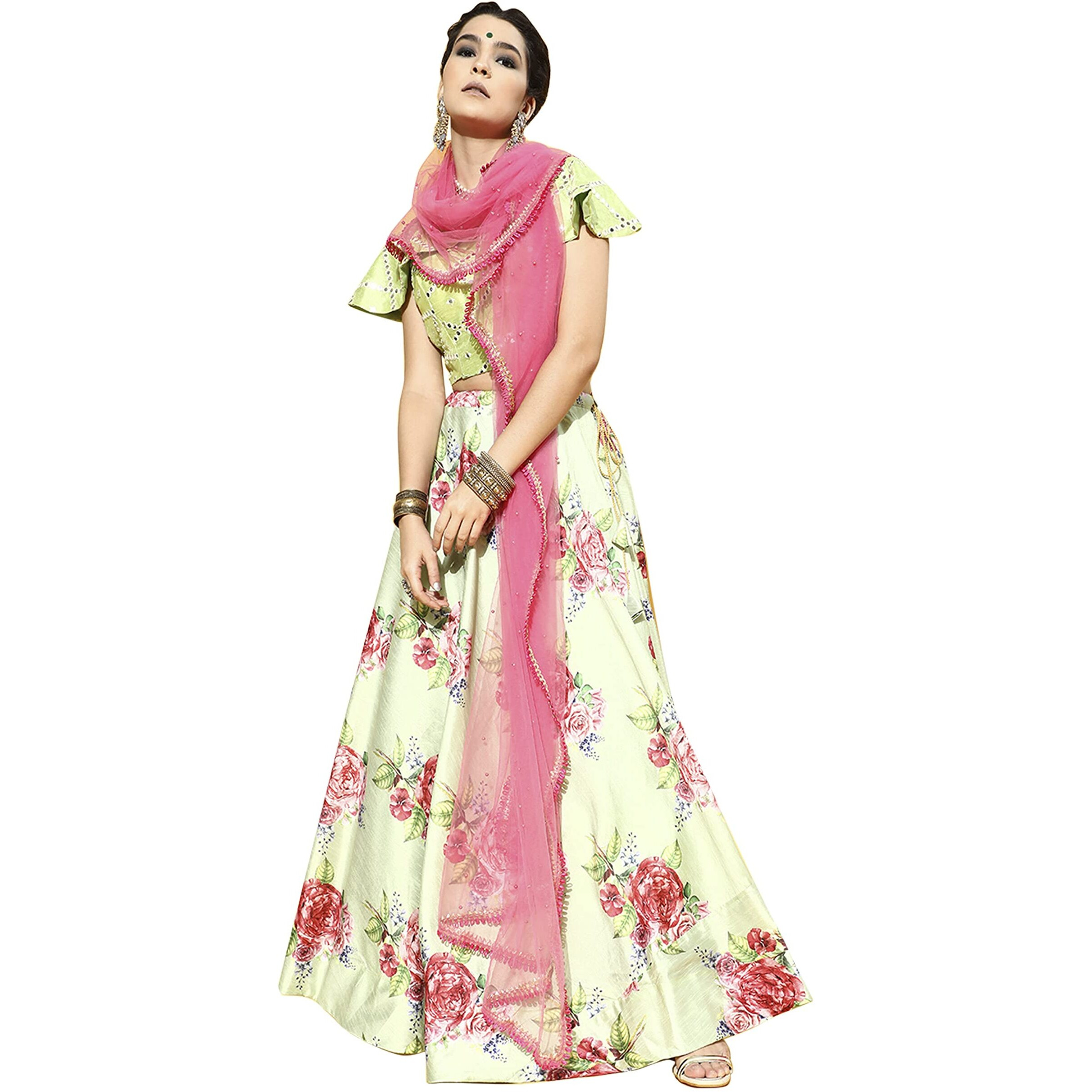 Womanista Women's Poly Silk Semi-Stitched Lehenga Choli (Leh116_Lime Green_Onesize)