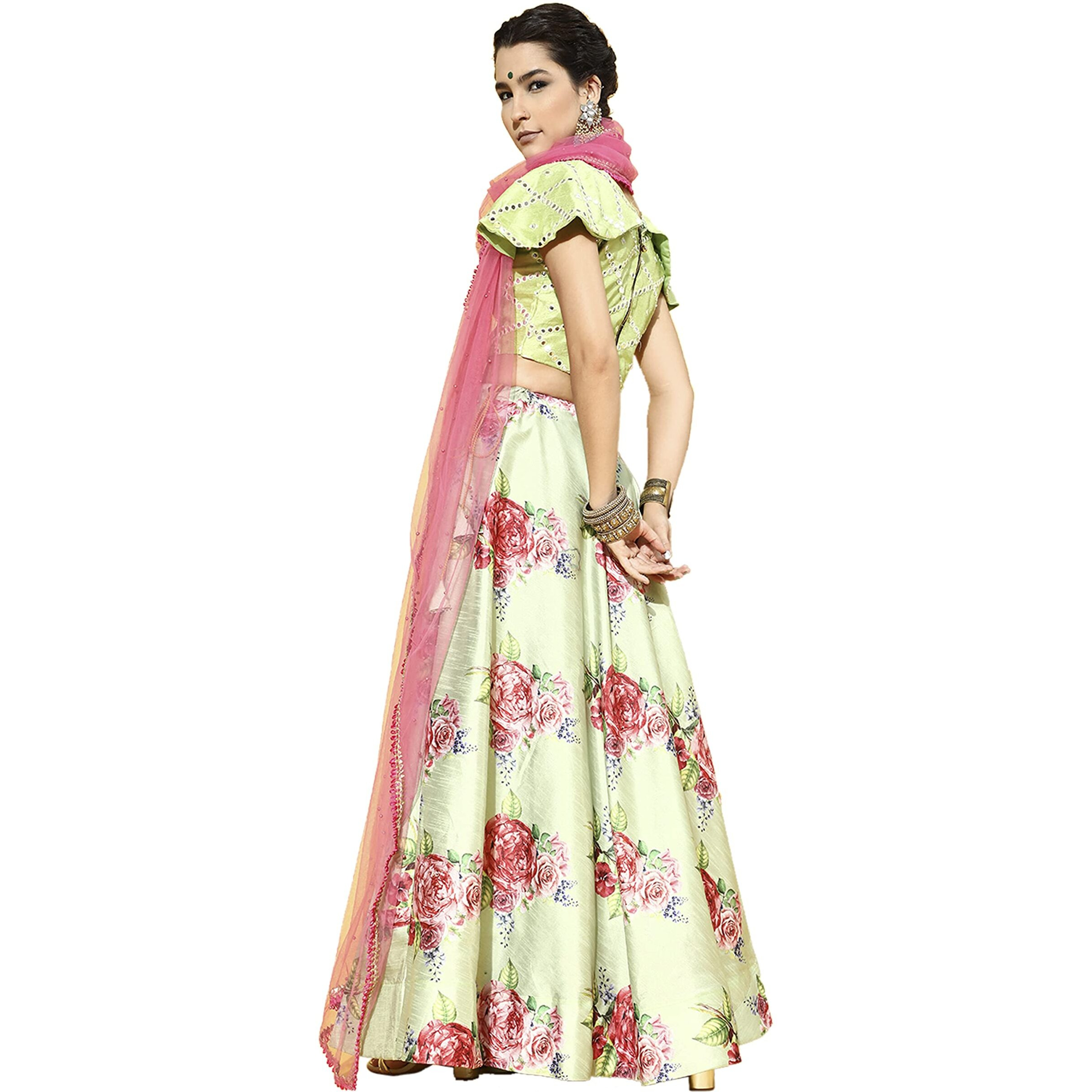 Womanista Women's Poly Silk Semi-Stitched Lehenga Choli (Leh116_Lime Green_Onesize)