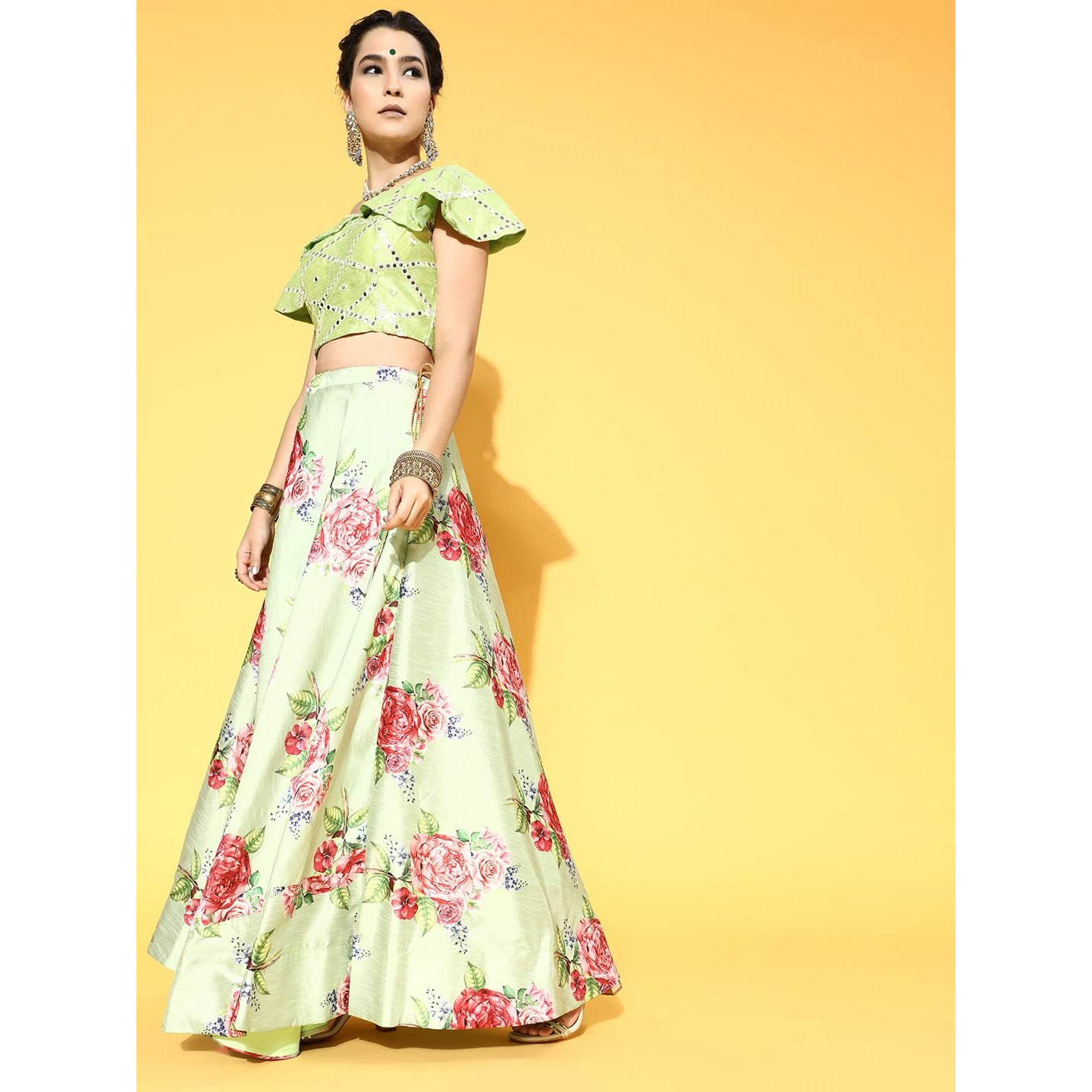 Womanista Women's Poly Silk Semi-Stitched Lehenga Choli (Leh116_Lime Green_Onesize)