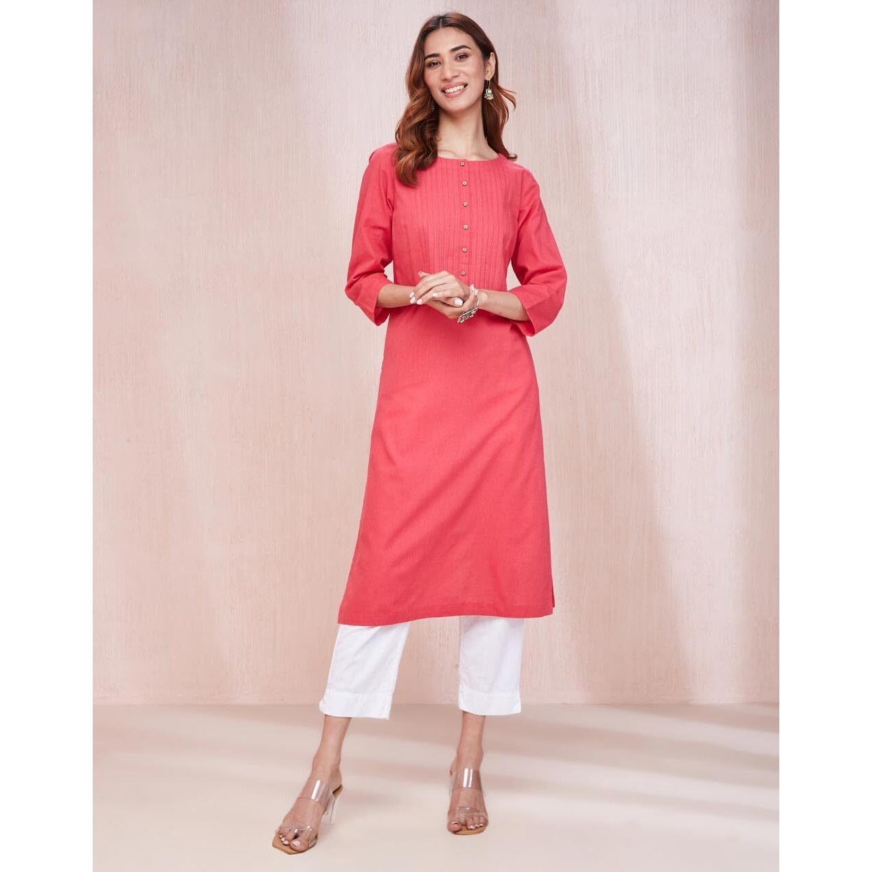 Fabindia Women's Cotton Solid Regular Kurta (1037292Pink_Pink