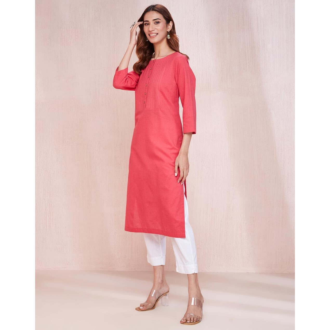 Fabindia Women's Cotton Solid Regular Kurta (1037292Pink_Pink
