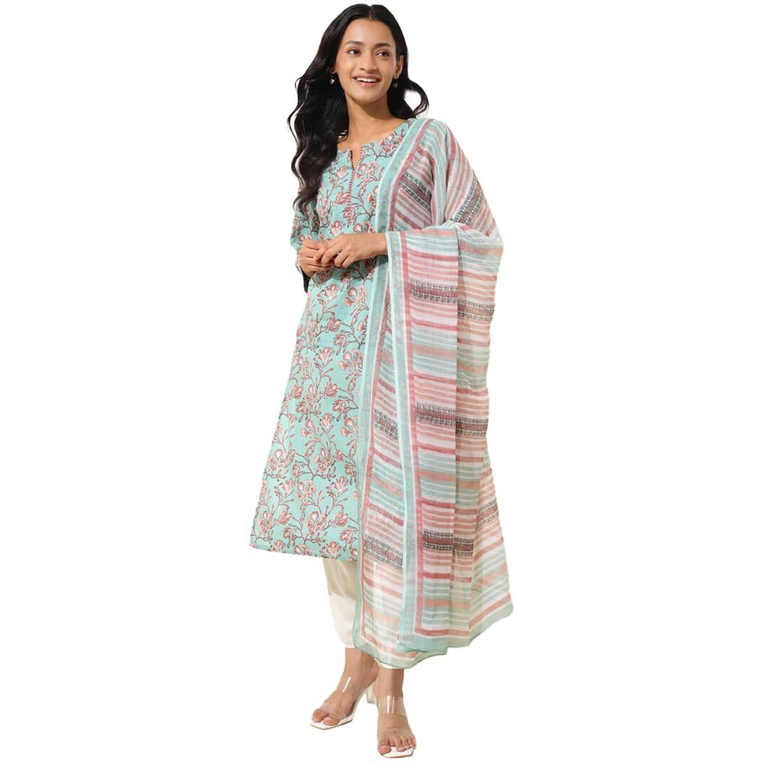Fabindia Women's Cotton Printed Regular Kurta (1037551Aqua_Aqua
