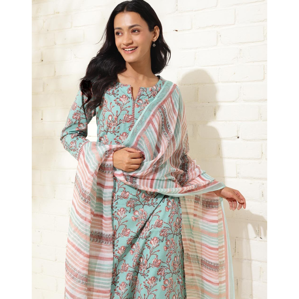 Fabindia Women's Cotton Printed Regular Kurta (1037551Aqua_Aqua