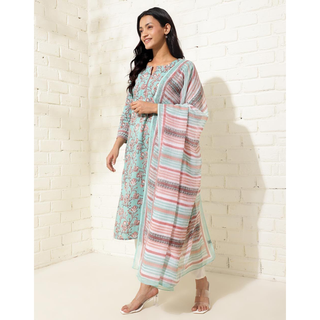 Fabindia Women's Cotton Printed Regular Kurta (1037551Aqua_Aqua