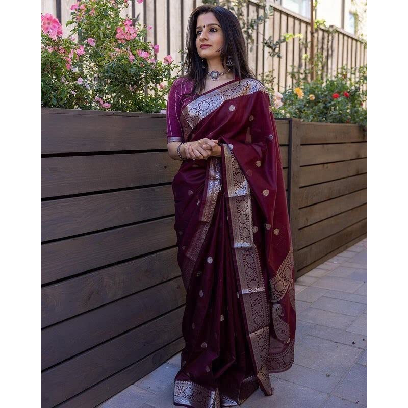 Flosive Women's Cotton Saree With Fancy Blouse (Maroon)