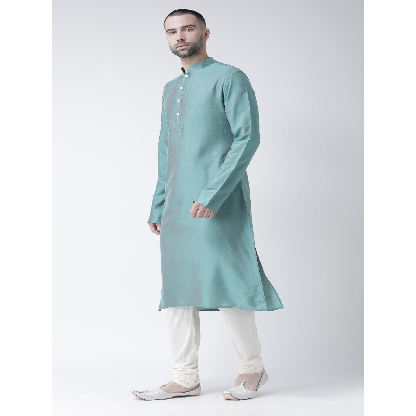 Kisah Men Seafoam Green Solid Straight Kurta Full Sleaves, Knee Length, Straight, Regular Fit, Mandarin Collar Ethnic Casual Wear