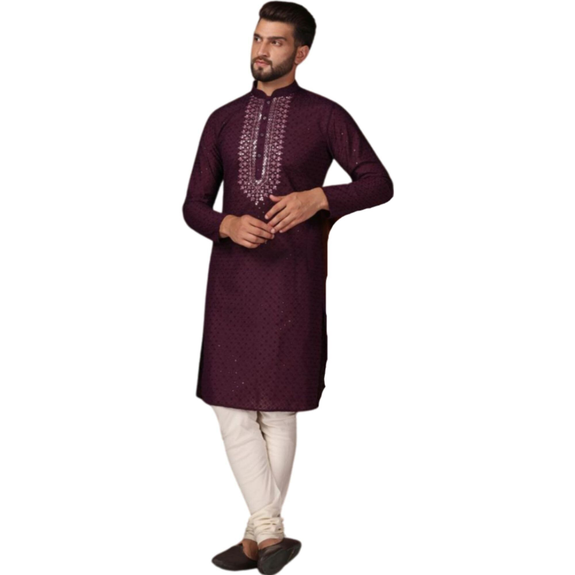 Kisah Men's Kurta, Purple Cotton, Embellished Regular Fit Mandarin Collar Long Sleeves (L)