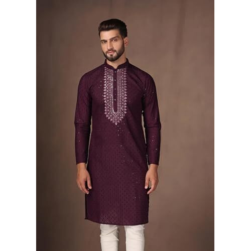Kisah Men's Kurta, Purple Cotton, Embellished Regular Fit Mandarin Collar Long Sleeves (L)