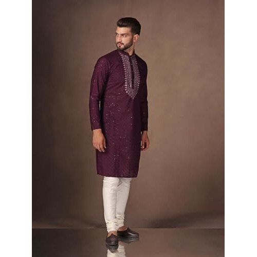 Kisah Men's Kurta, Purple Cotton, Embellished Regular Fit Mandarin Collar Long Sleeves (L)
