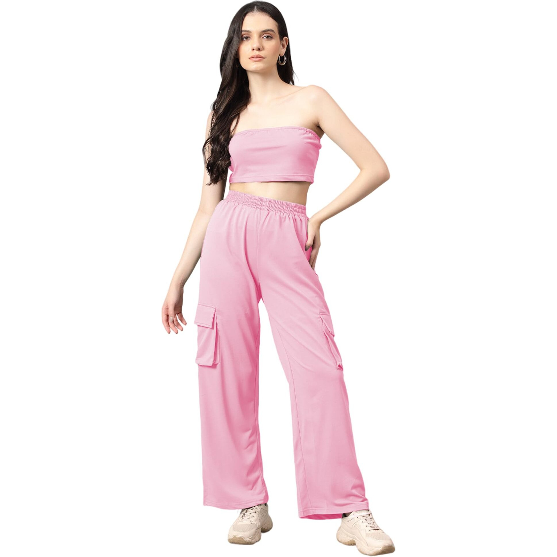 Kotty Women's Solid Co-Ord With Trousers(Pink,L)