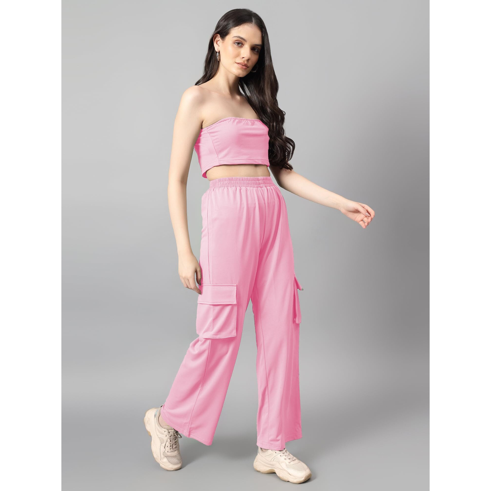 Kotty Women's Solid Co-Ord With Trousers(Pink,L)