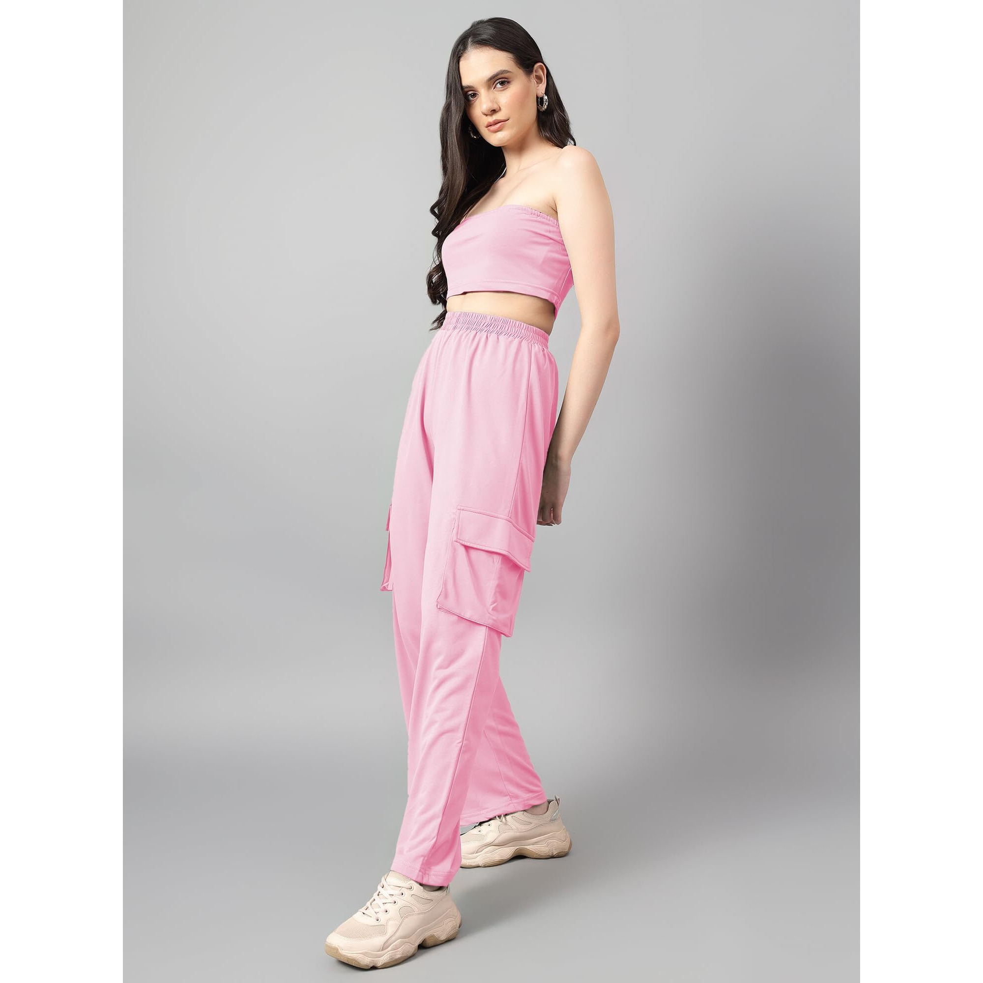 Kotty Women's Solid Co-Ord With Trousers(Pink,L)