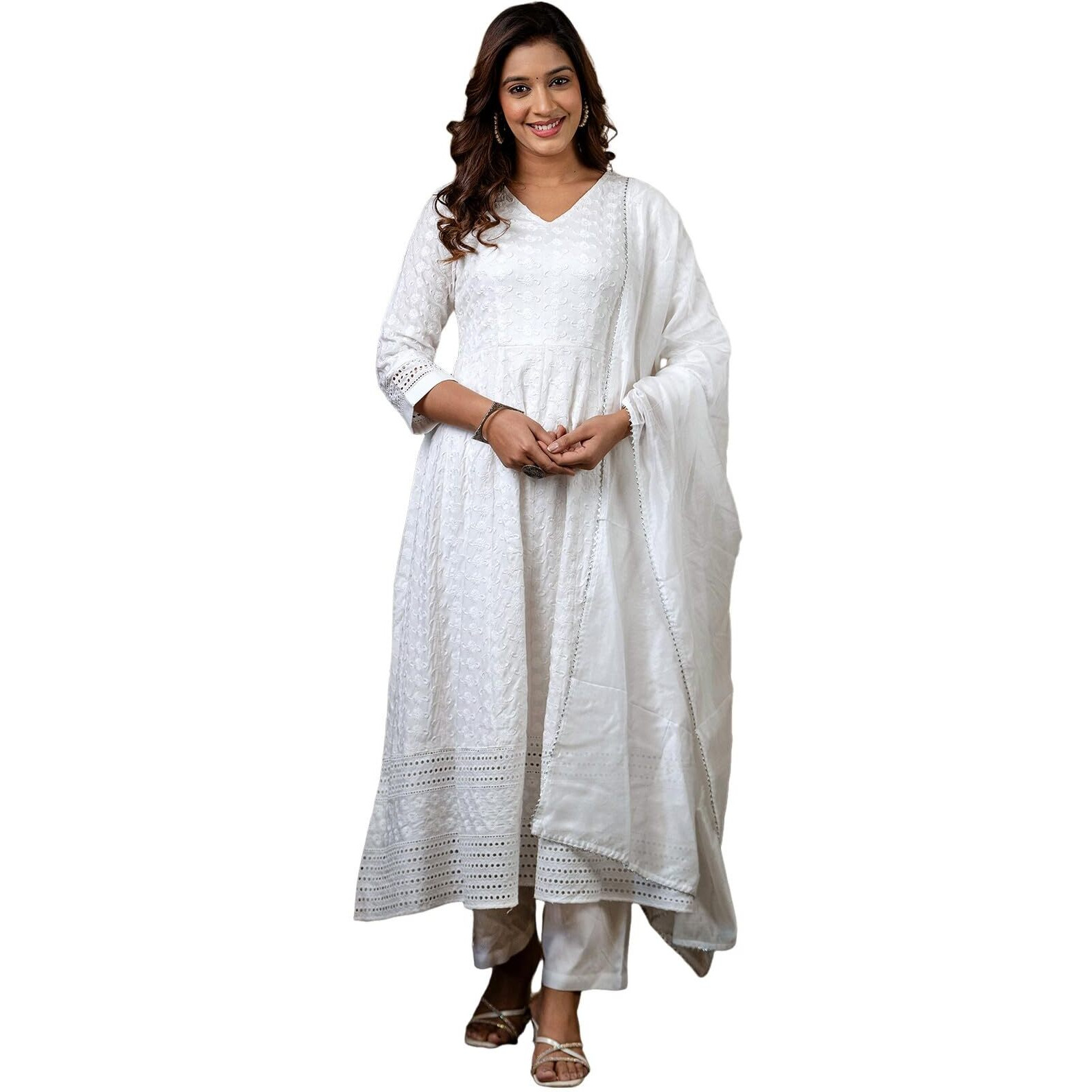 Sanisa Women's Rayon Chikankari Embroidery Anarkali Kurta With Pant And Dupatta Set (240Kbd2531N-S_White)