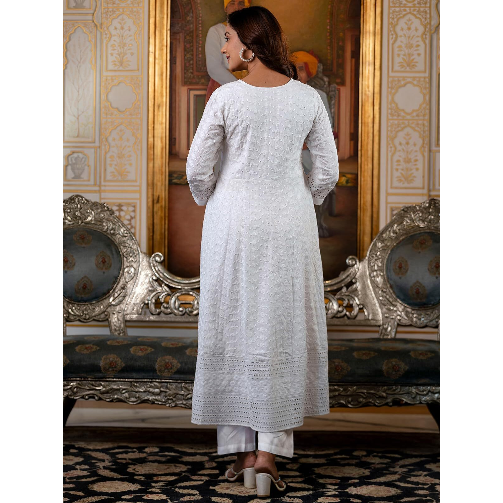 Sanisa Women's Rayon Chikankari Embroidery Anarkali Kurta With Pant And Dupatta Set (240Kbd2531N-S_White)