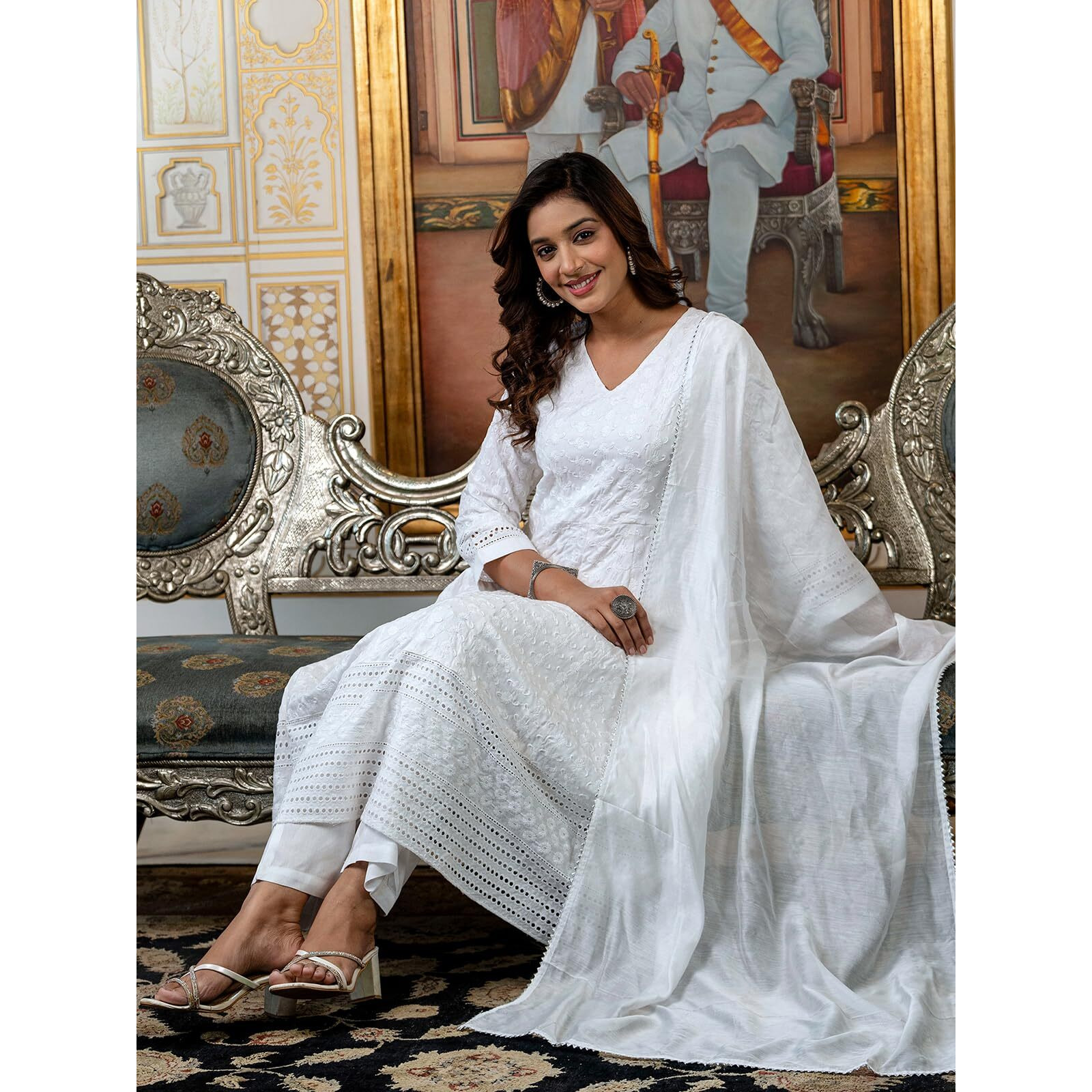 Sanisa Women's Rayon Chikankari Embroidery Anarkali Kurta With Pant And Dupatta Set (240Kbd2531N-S_White)