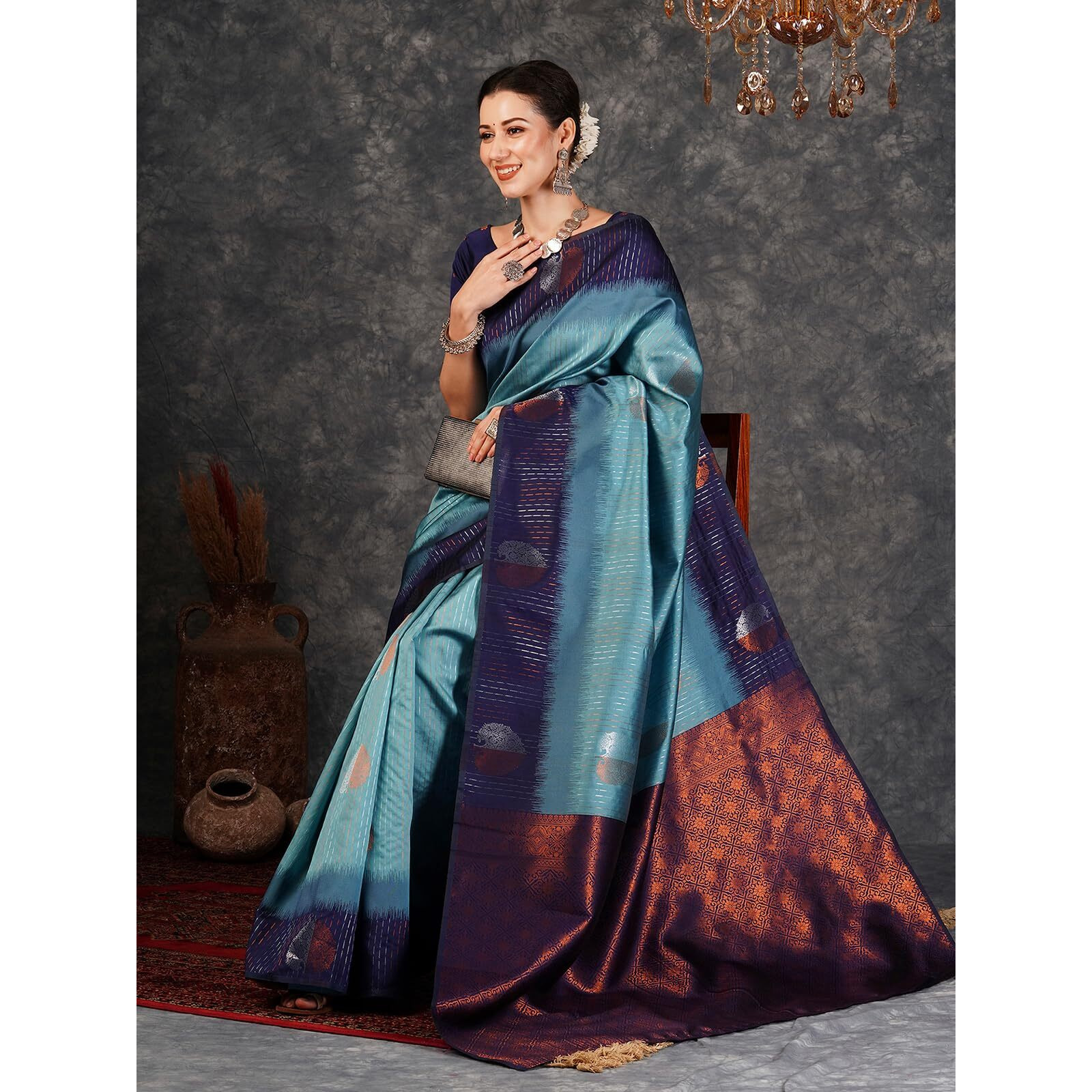 Satrani Women's Banarasi Jacquard Kanjivaram Zari Stripe Silk Saree With Unstitched Blouse Piece (3757S107N_Blue & Navy Blue)