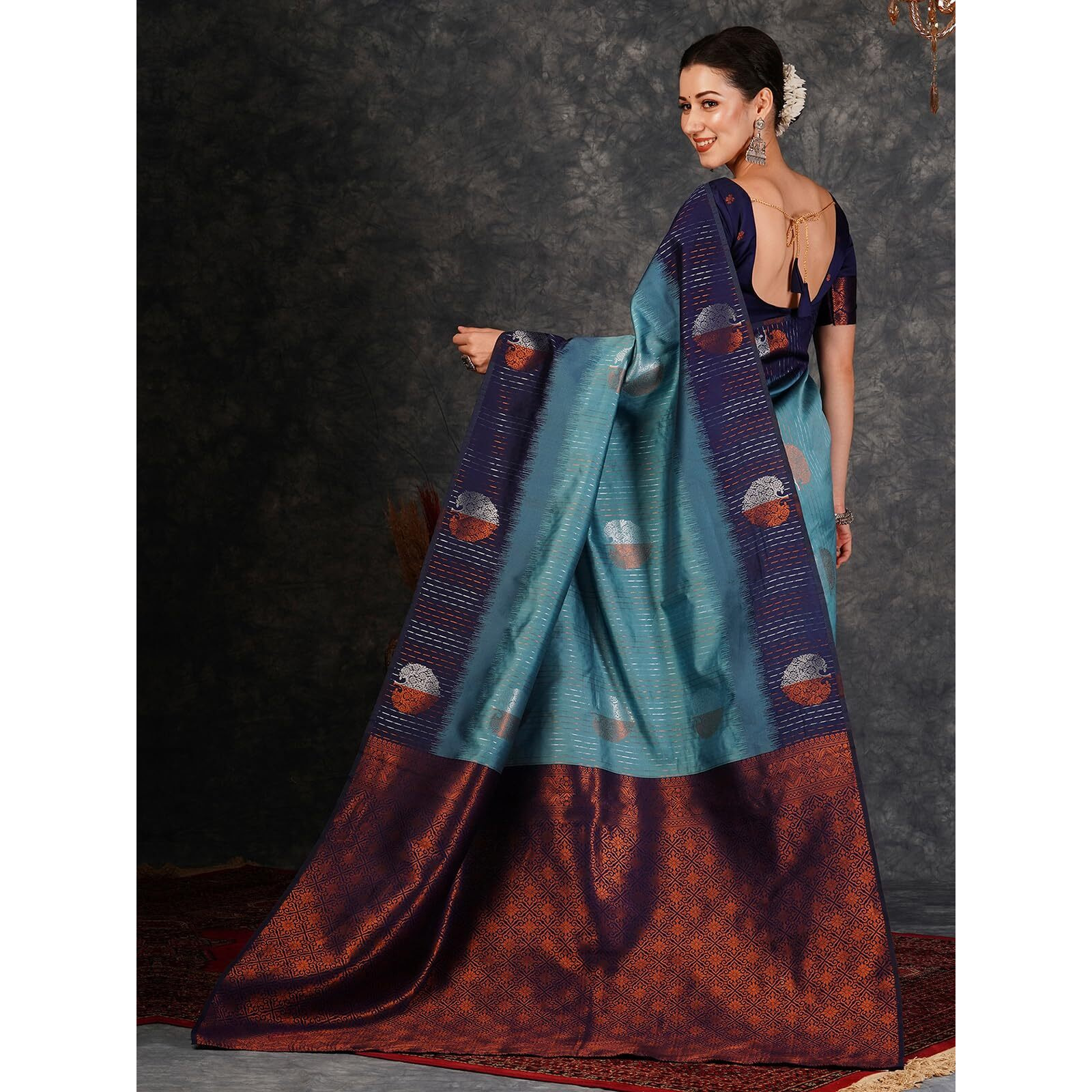 Satrani Women's Banarasi Jacquard Kanjivaram Zari Stripe Silk Saree With Unstitched Blouse Piece (3757S107N_Blue & Navy Blue)