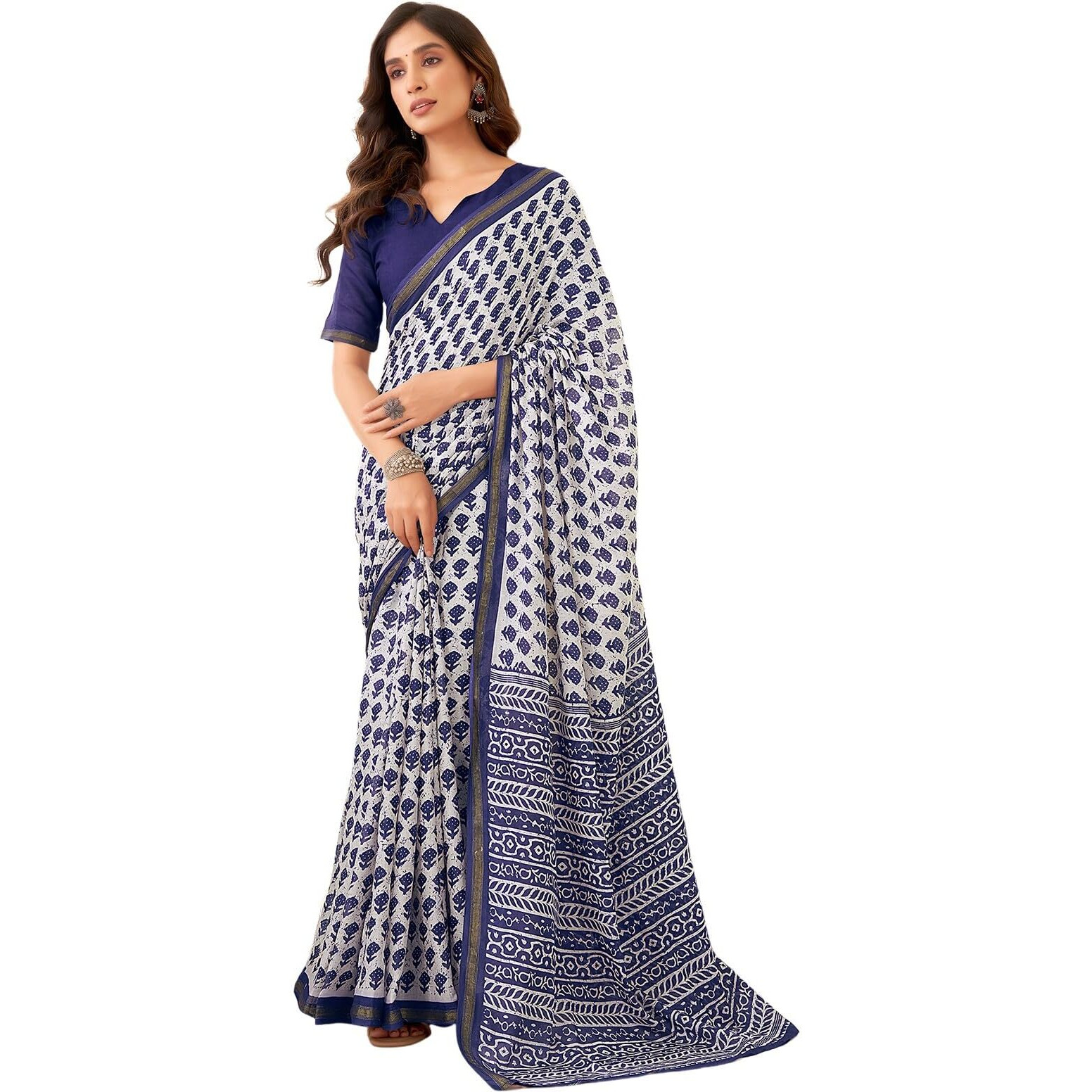 Satrani Women's Pure Cotton Printed Zari Stripe Border Saree With Unstitched Blouse Piece (3884S361N_White & Navy Blue)