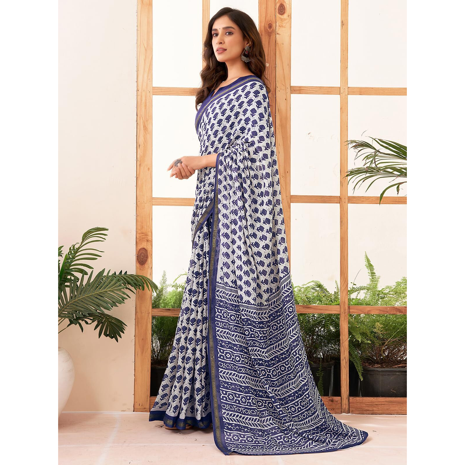 Satrani Women's Pure Cotton Printed Zari Stripe Border Saree With Unstitched Blouse Piece (3884S361N_White & Navy Blue)