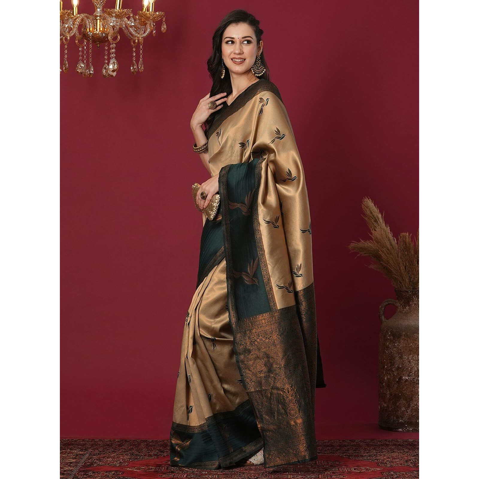Satrani Women's Silk Blend Banarasi Jacquard Saree With Unstitched Blouse Piece (4071S217N_Beige & Copper & Dark Green)